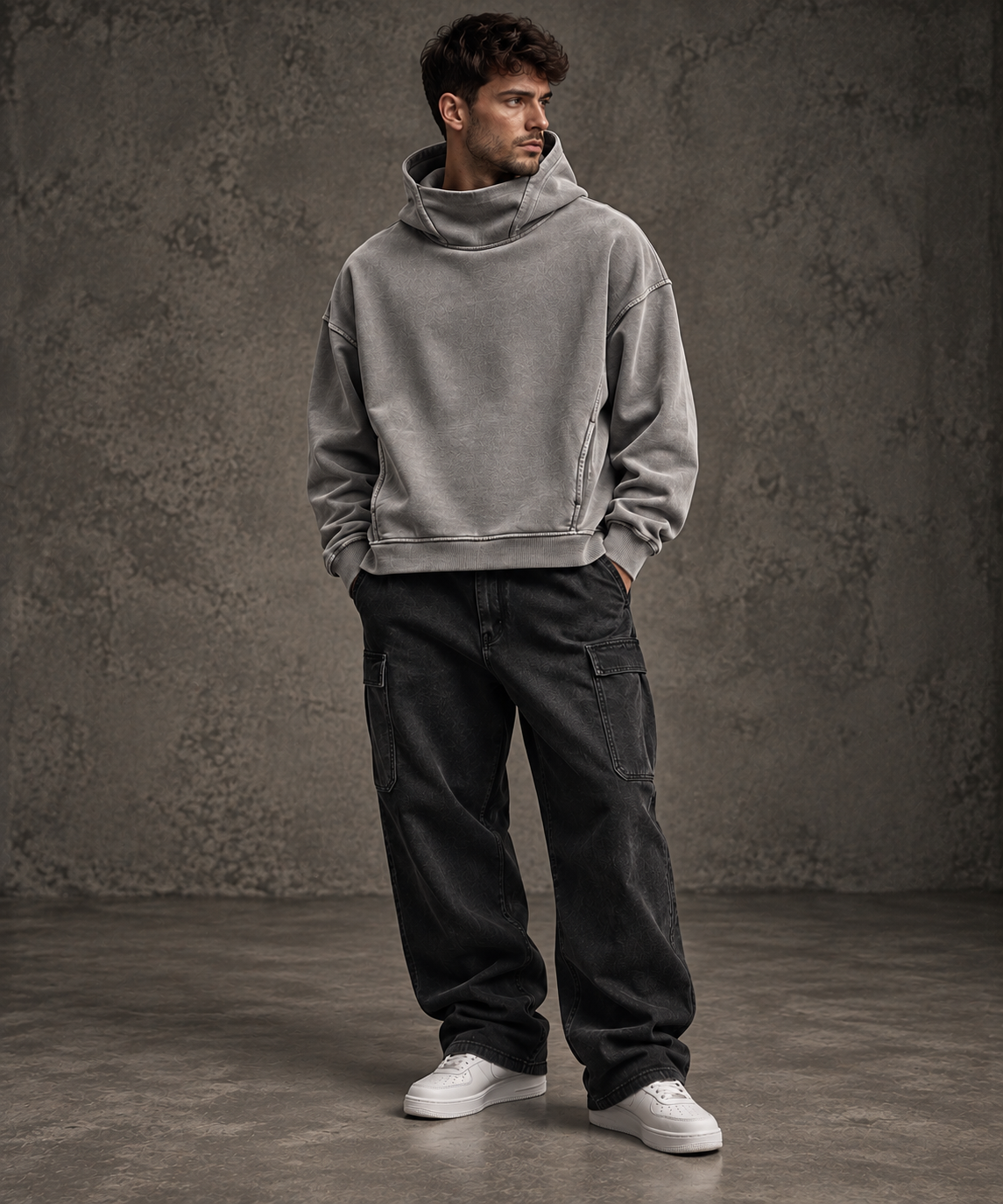 HTT Blanks 380 GSM gewaschener Rollkragen-Hoodie in Neutralgrau – redaktionelles Hero-Bild für Herren