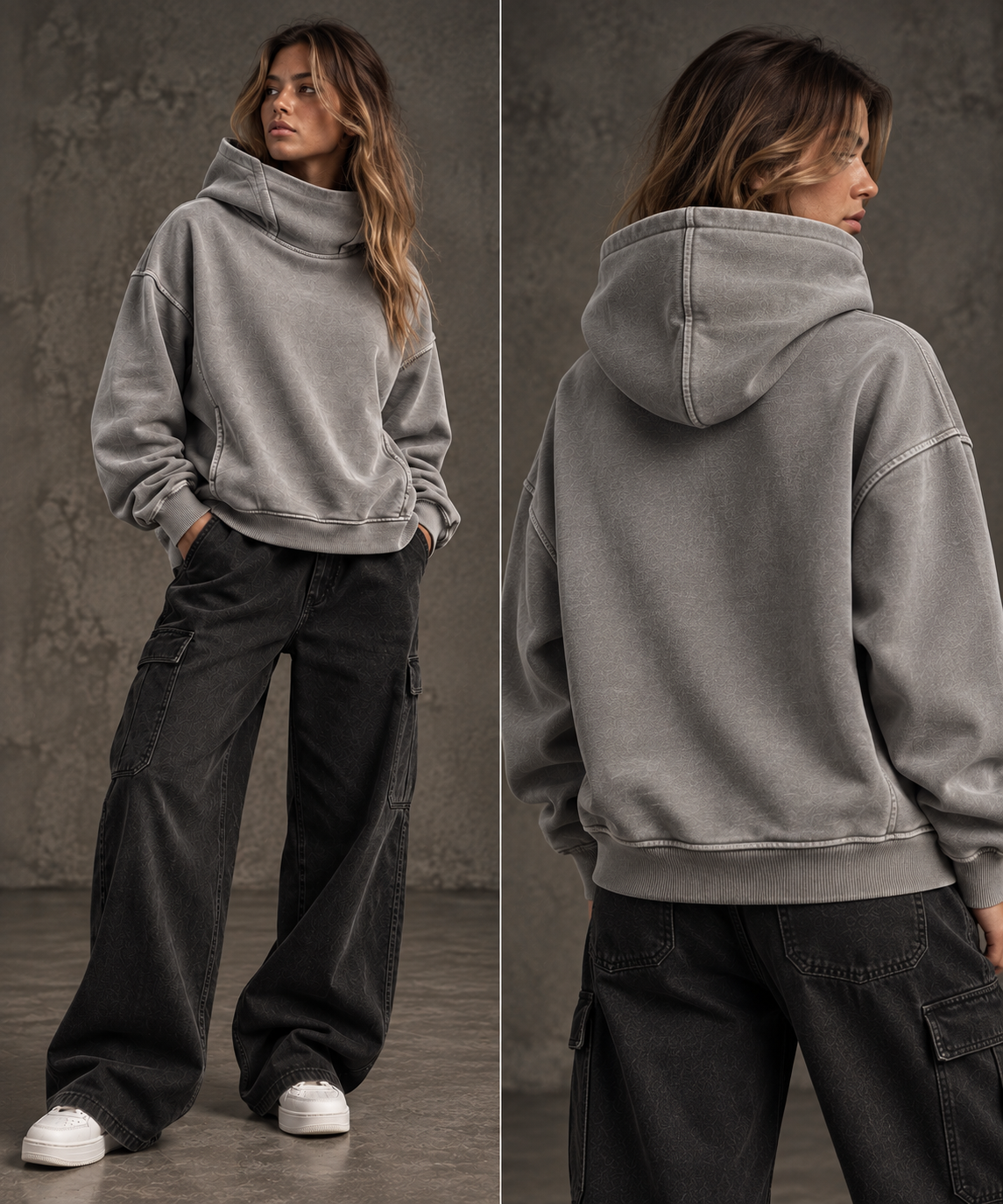 HTT Blanks Neutral Grey Rollkragen-Hoodie an weiblichem Model – redaktionelle Passformansicht von vorn und hinten
