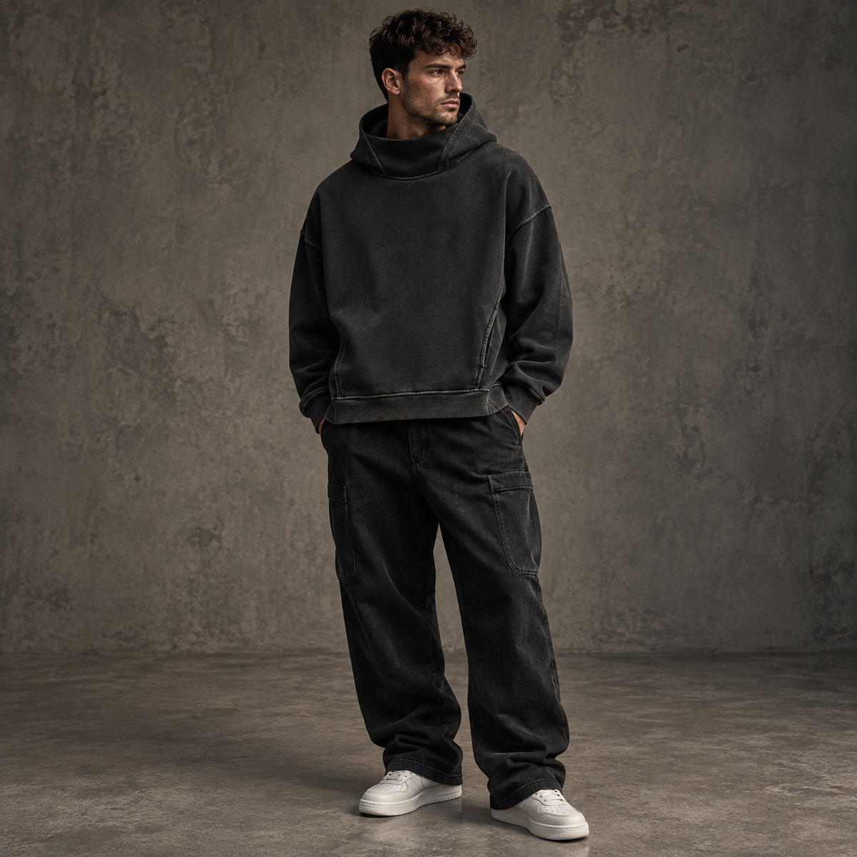 HTT BLANKS 380 GSM washed black turtleneck hoodie on male model – editorial hero
