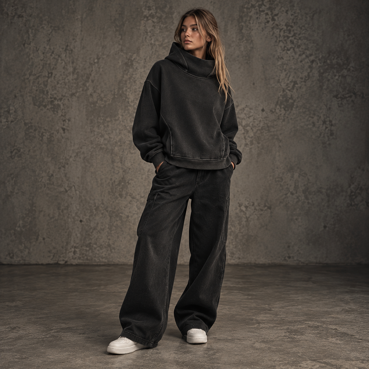 HTT Blanks gewaschener Rollkragen-Hoodie mit 380 g/m² in verwaschenem Schwarz – Editorial-Hero für Damen