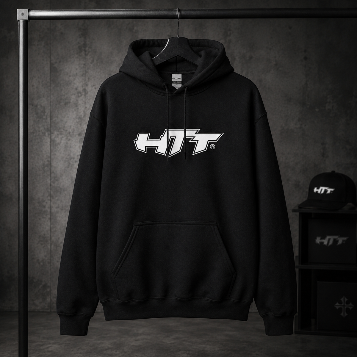HTT Bold Hoodie black premium streetwear hoodie hanger shot