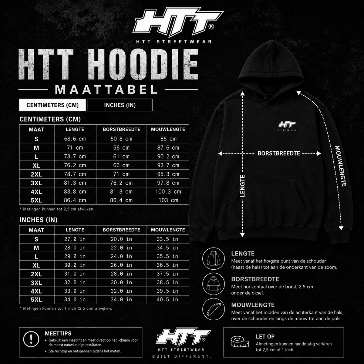 HTT Bold Hoodie size chart in centimeters and inches