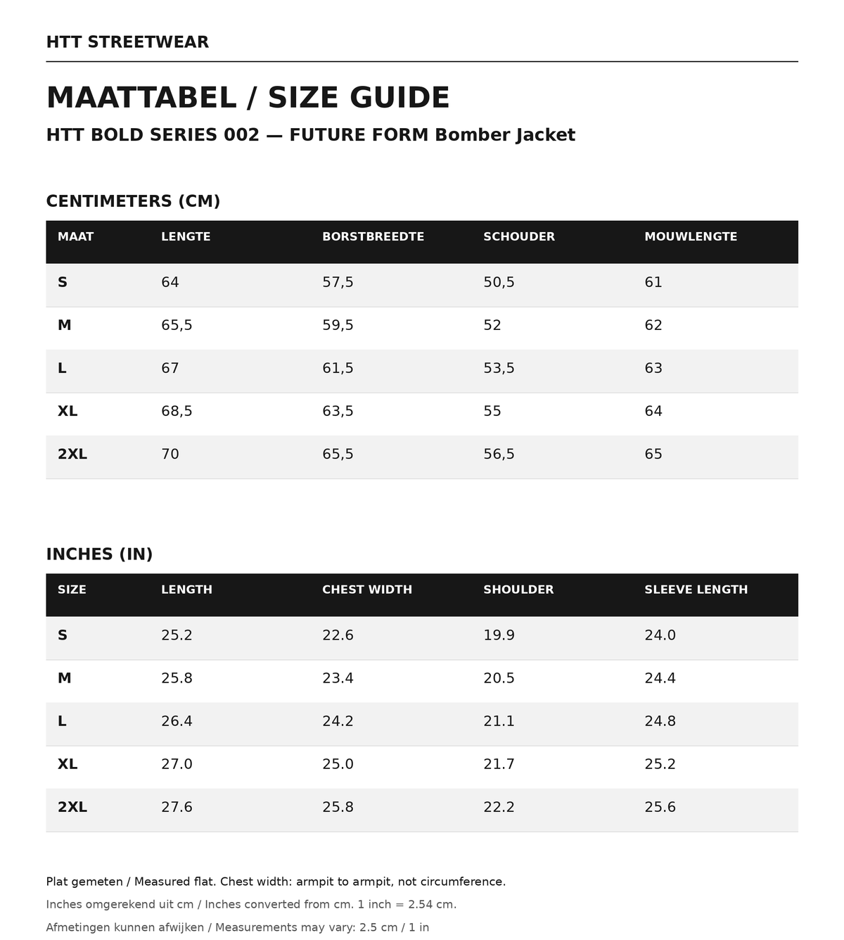 Maattabel / size guide HTT BOLD SERIES 002 — FUTURE FORM Bomber Jacket: maten S–2XL, afmetingen in centimeters en inches.