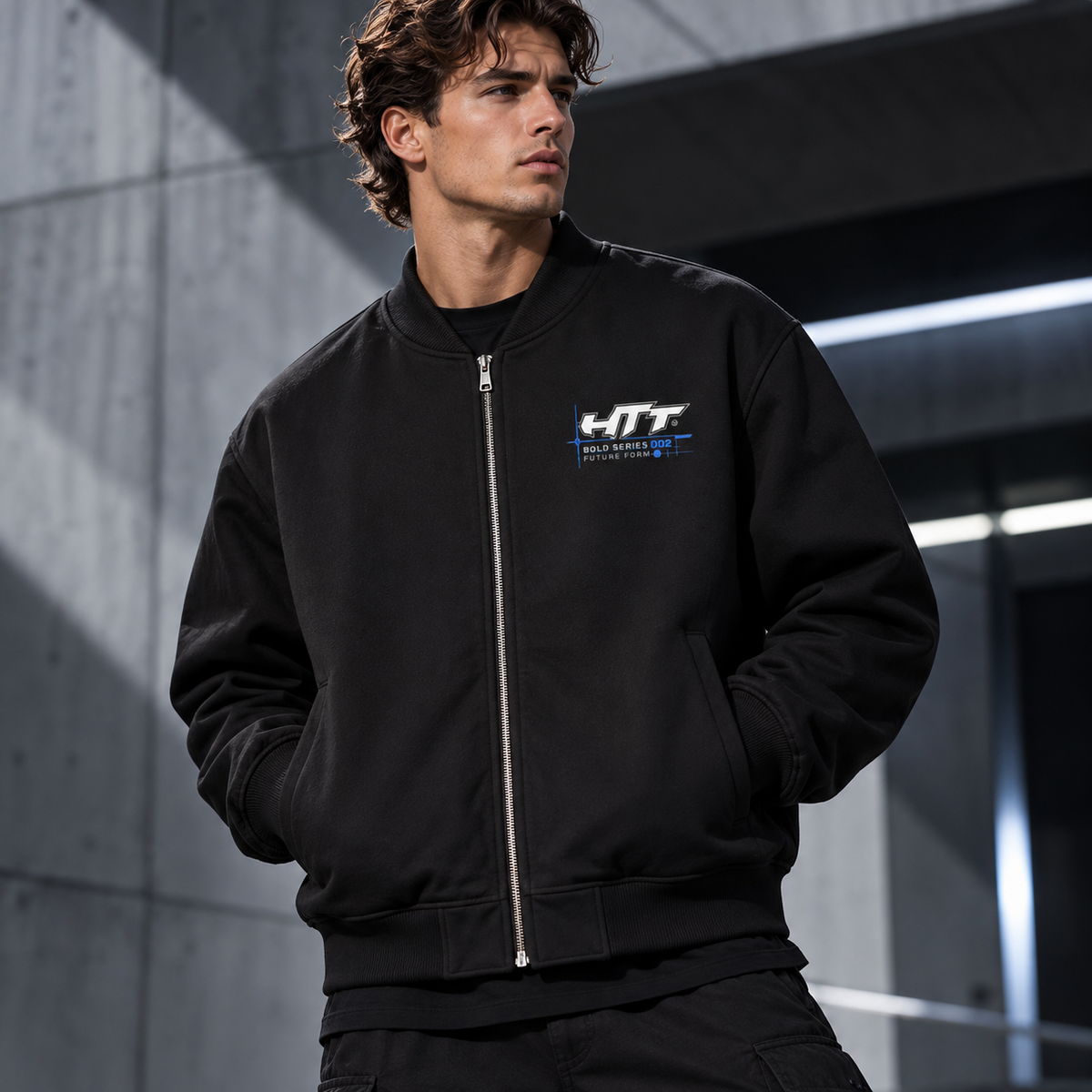 HTT BOLD SERIES 002 Future Form bomber jacket details, ribbed collar, zipper, cuffs and fabric