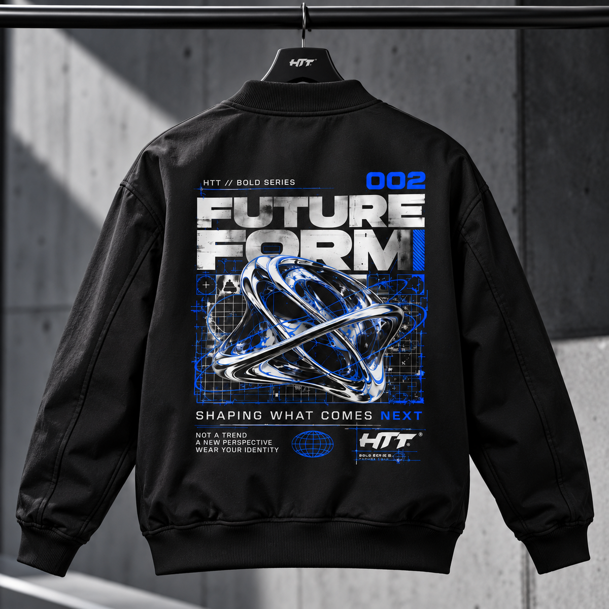 HTT BOLD SERIES 002 Future Form black bomber jacket back view on hanger