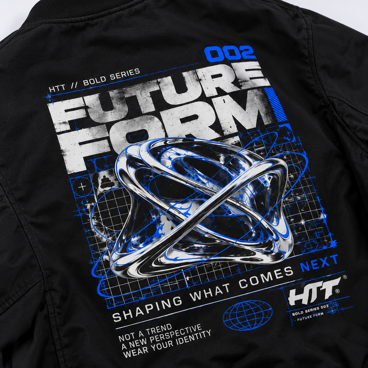 HTT BOLD SERIES 002 Future Form black bomber jacket back view worn by model