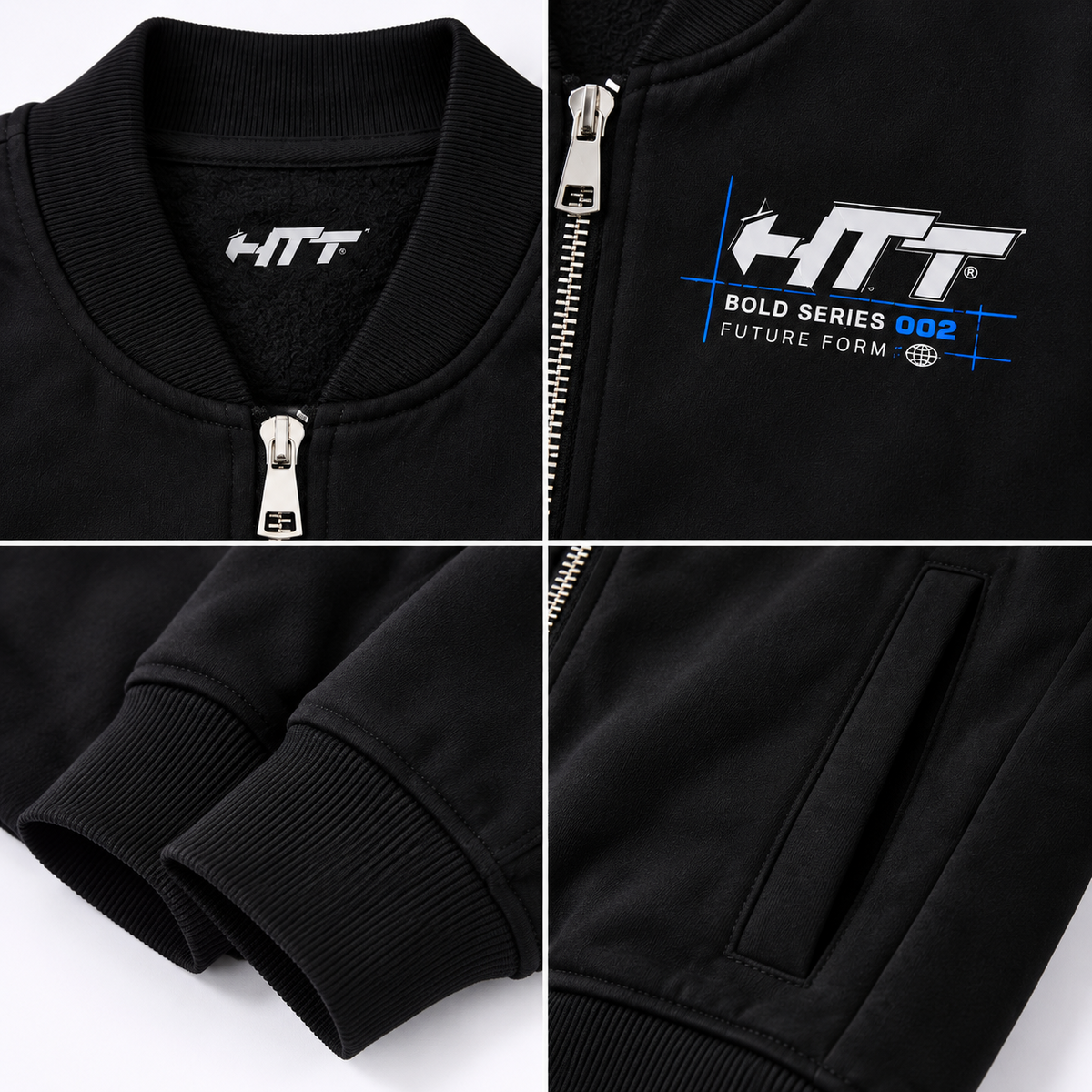 HTT BOLD SERIES 002 Future Form black bomber jacket front view worn by model