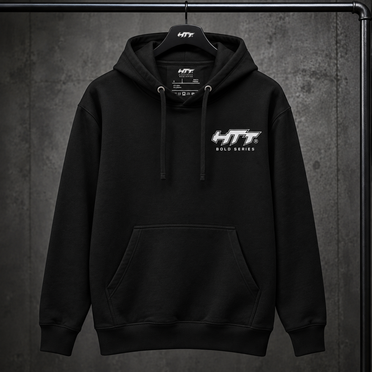 HTT Bold Series No Signal black hoodie on hanger, front view