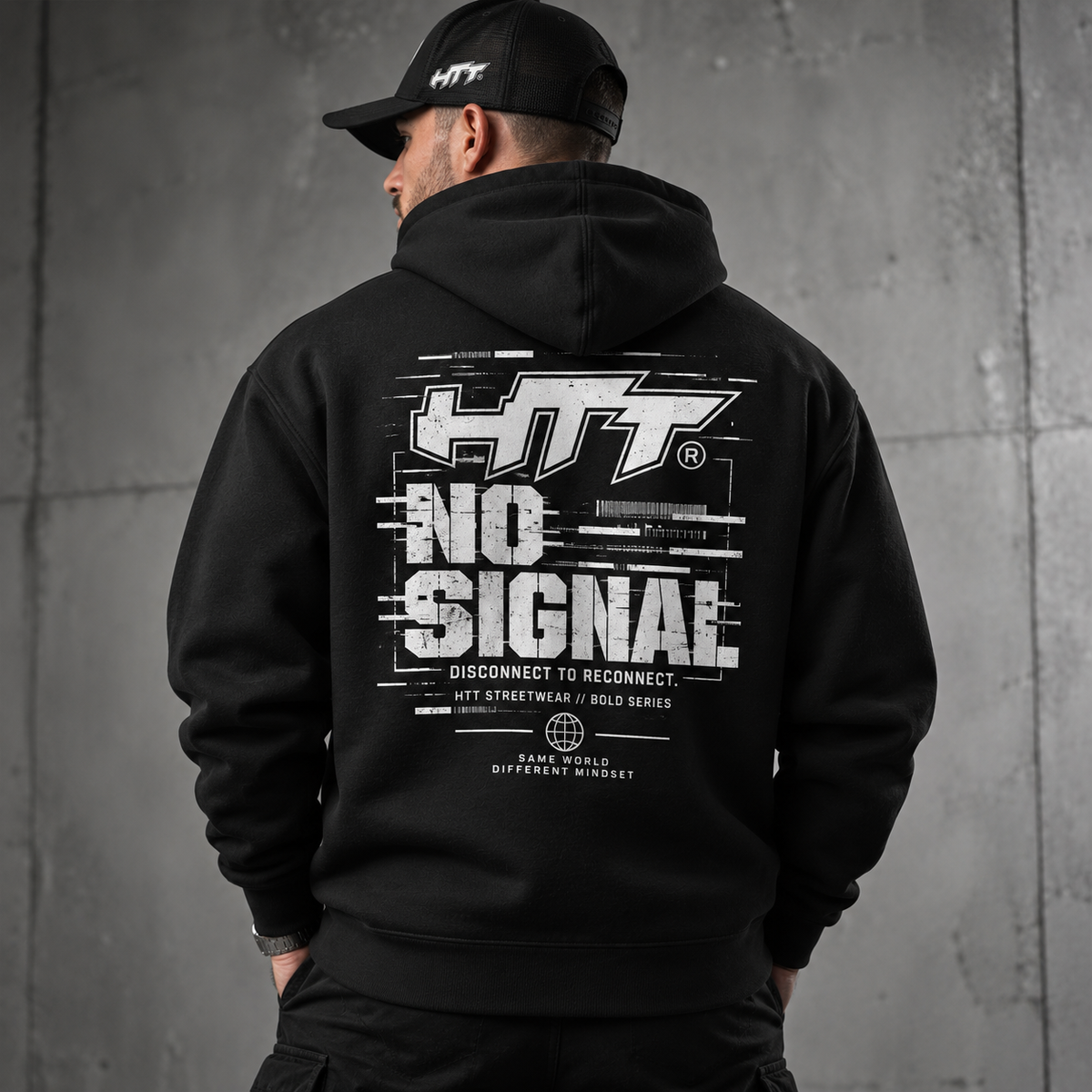 HTT Bold Series No Signal black hoodie on male model, back view with graphic print