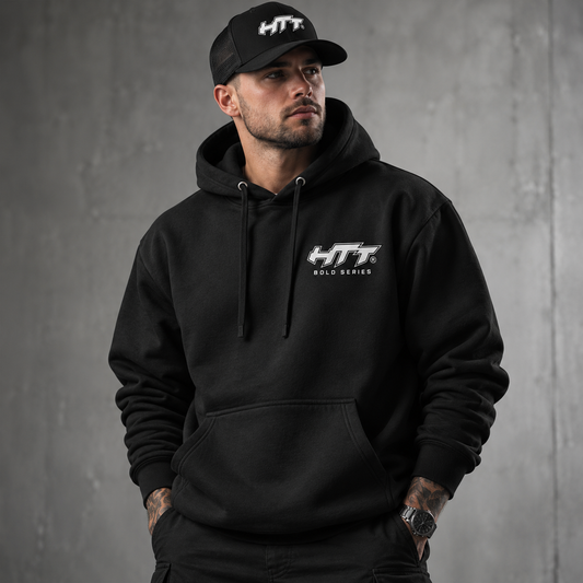 HTT Bold Series No Signal black hoodie on male model, front view