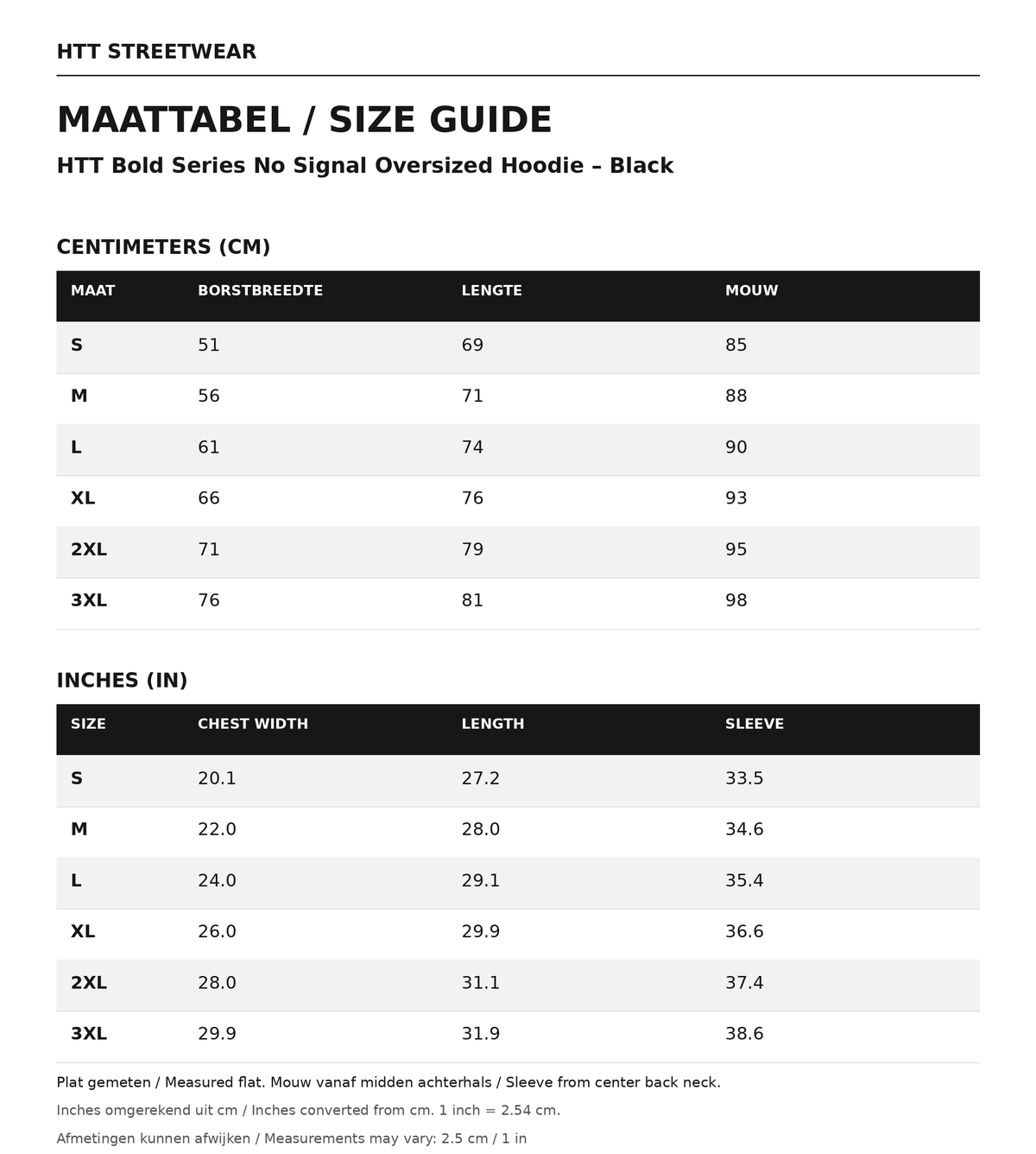 Maattabel / size guide HTT Bold Series No Signal Oversized Hoodie – Black: maten S–3XL, afmetingen in centimeters en inches.