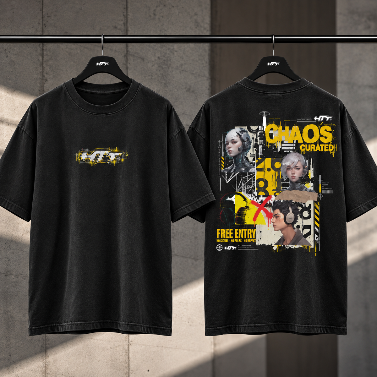 HTT Chaos Theory Tee Black voor- en achterkant aan hanger