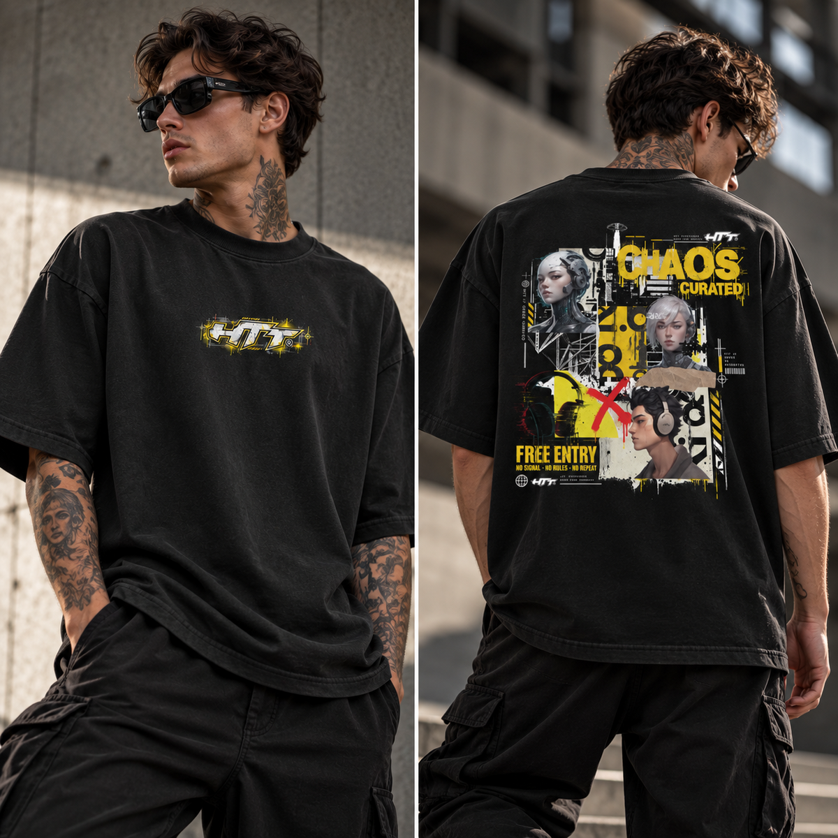 HTT Chaos Theory Tee Black oversized herenmodel voor- en achterkant