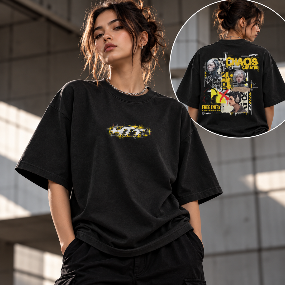 HTT Chaos Theory Tee Black oversized damesmodel voor- en achterkant