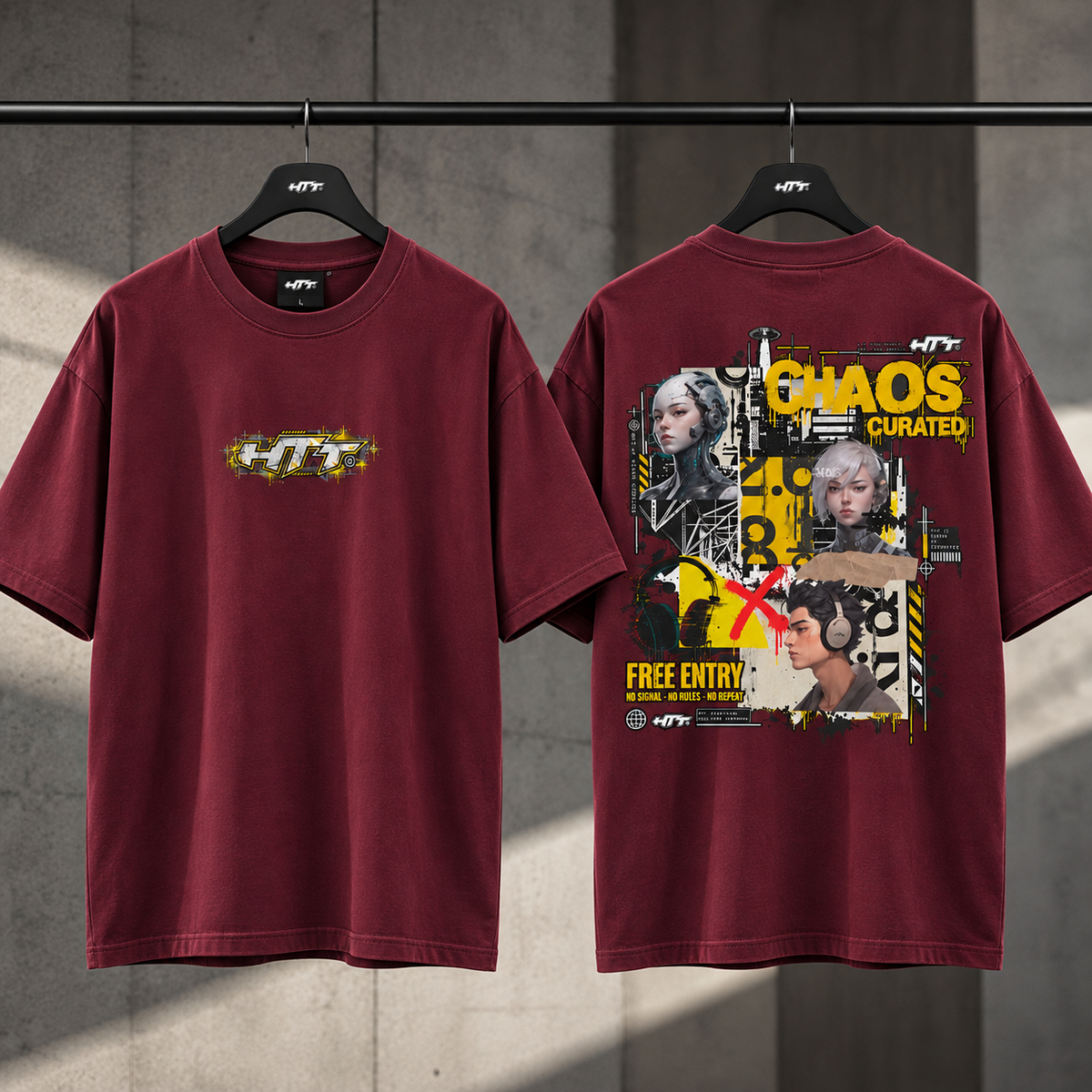 HTT Chaos Theory Tee Burgundy voor- en achterkant aan hanger