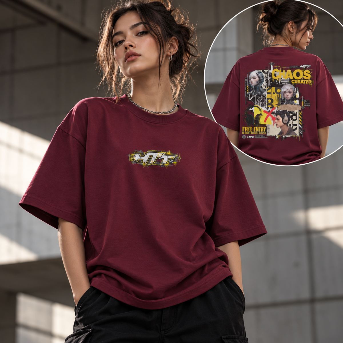 HTT Chaos Theory Tee Burgundy oversized damesmodel voor- en achterkant