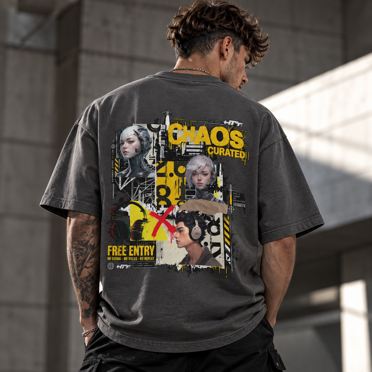 HTT Chaos Theory Tee Smoky Gray oversized back print op herenmodel