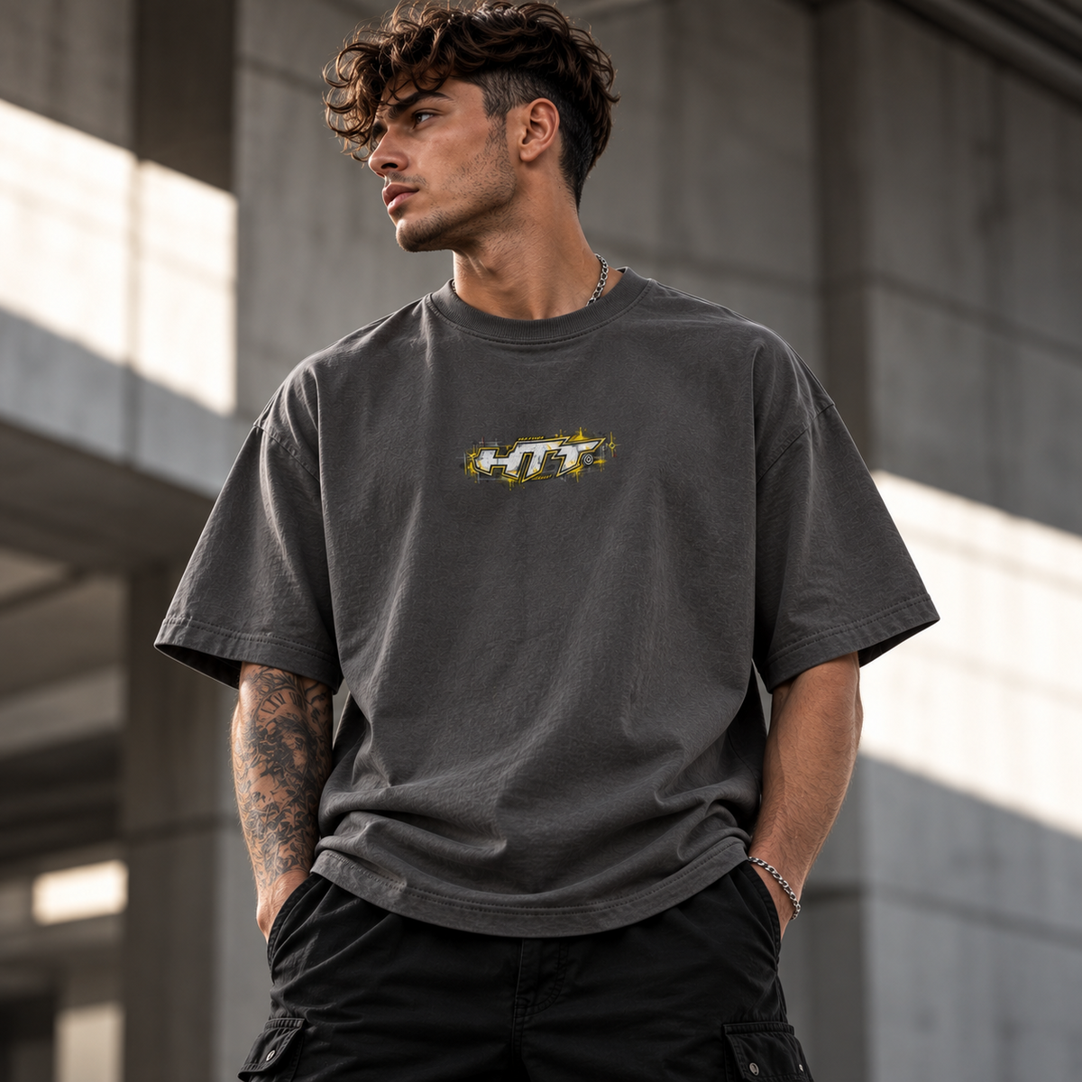 HTT Chaos Theory Tee Smoky Gray oversized voorkant op herenmodel