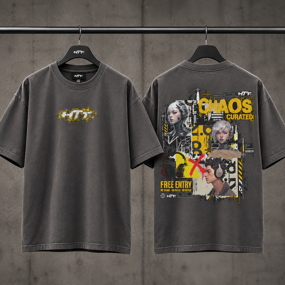 HTT Chaos Theory Tee Smoky Gray voor- en achterkant aan hanger