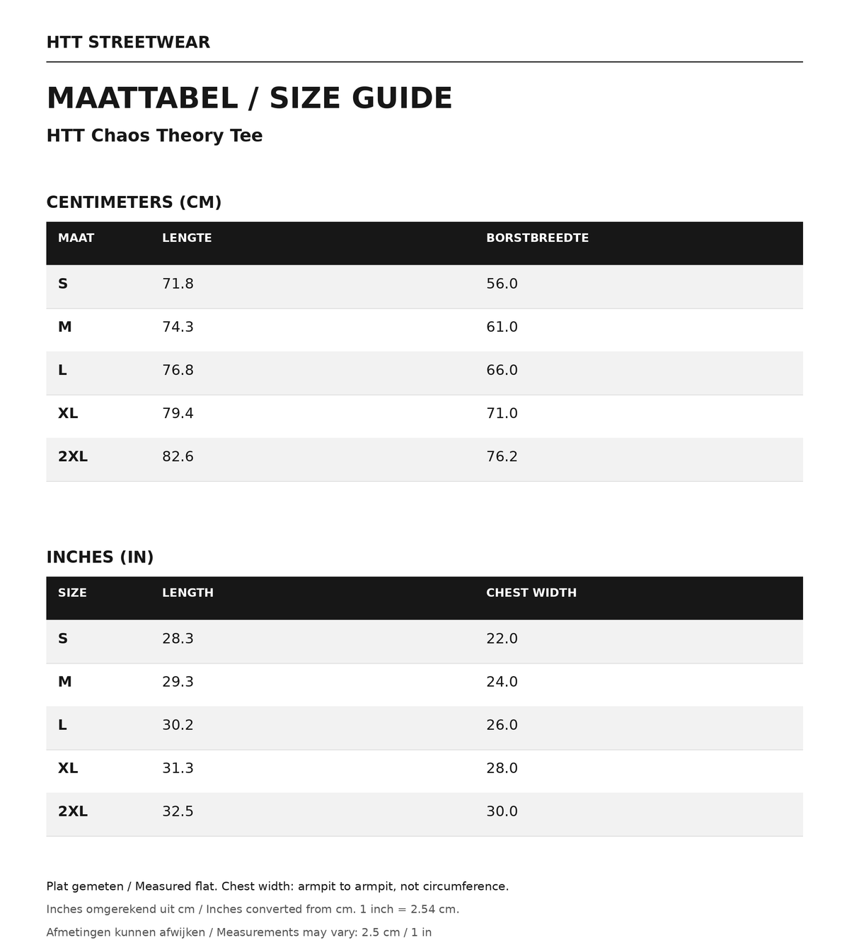 Maattabel / size guide HTT Chaos Theory Tee: maten S–2XL, afmetingen in centimeters en inches.