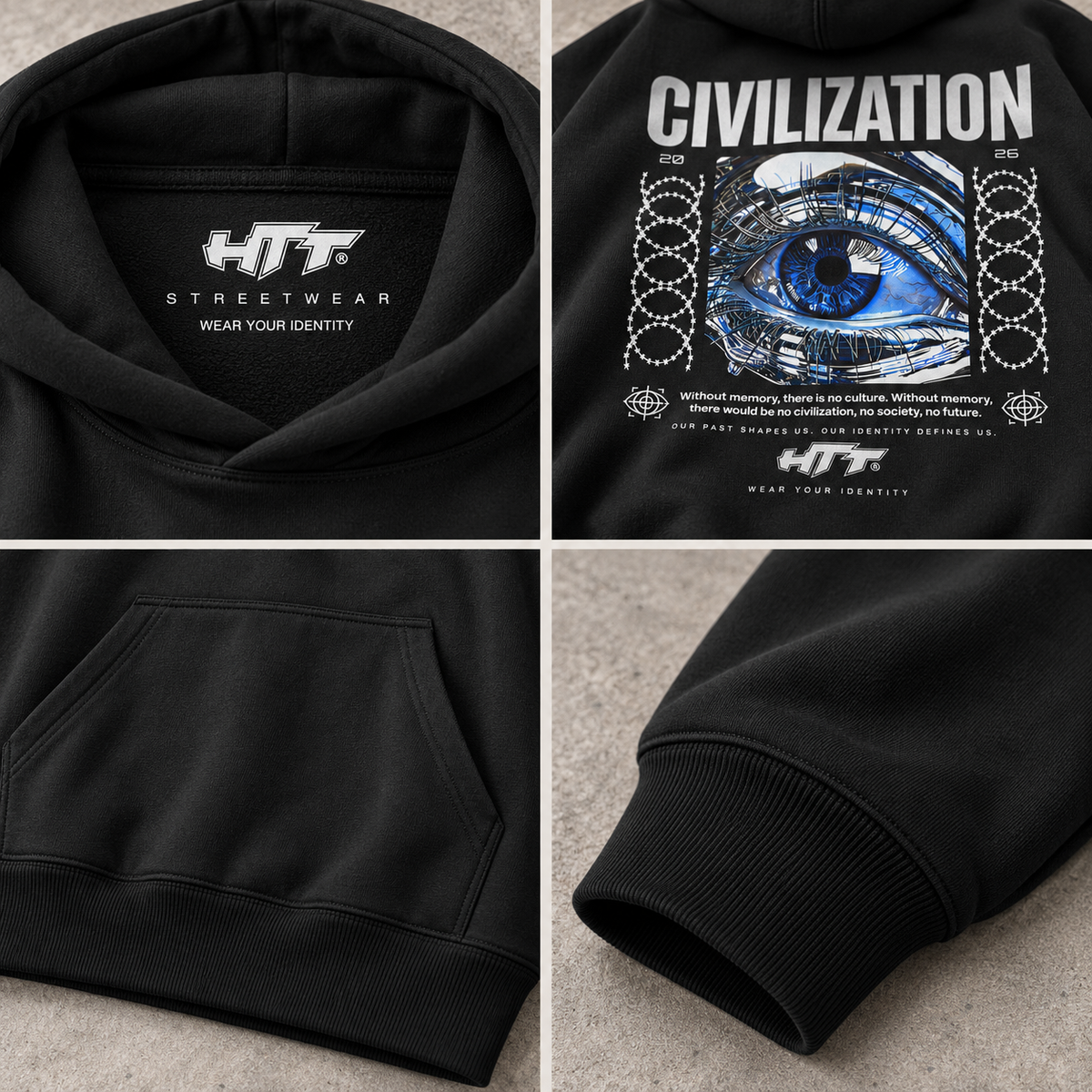 Detailcollage van de HTT Civilization hoodie met wit HTT-neklabel, blauwe rugprint, kangaroezak en geribde mouwboord.
