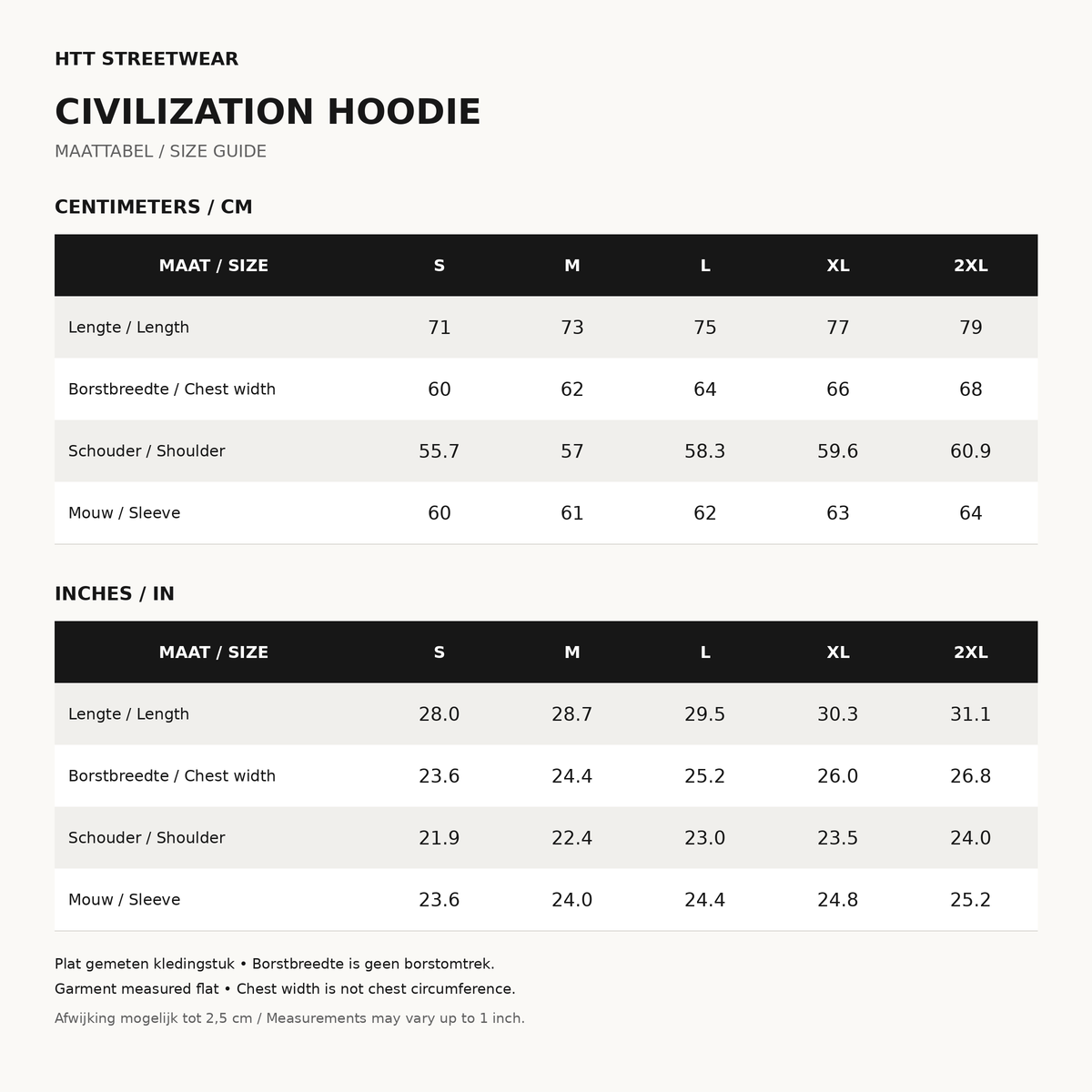 Maattabel voor de HTT Civilization hoodie in S tot en met 2XL, met lengte, borstbreedte, schouder en mouwlengte in centimeters en inches.