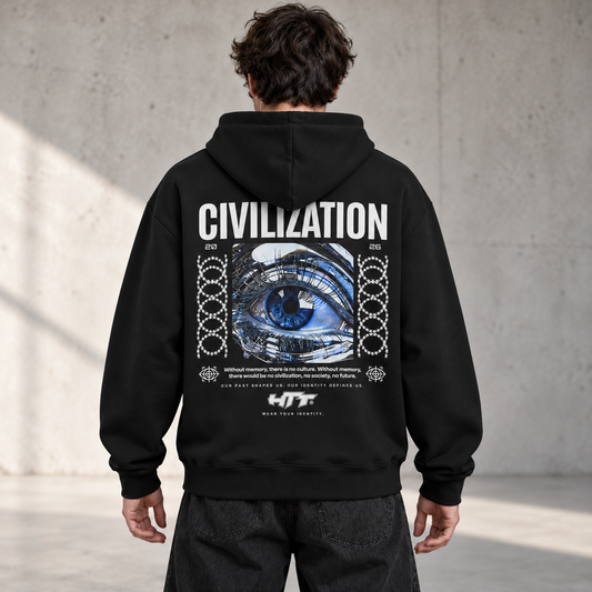 Zwarte HTT Civilization hoodie met blauwe cyberoog-rugprint en 2026-detail, gedragen door een model van achteren.