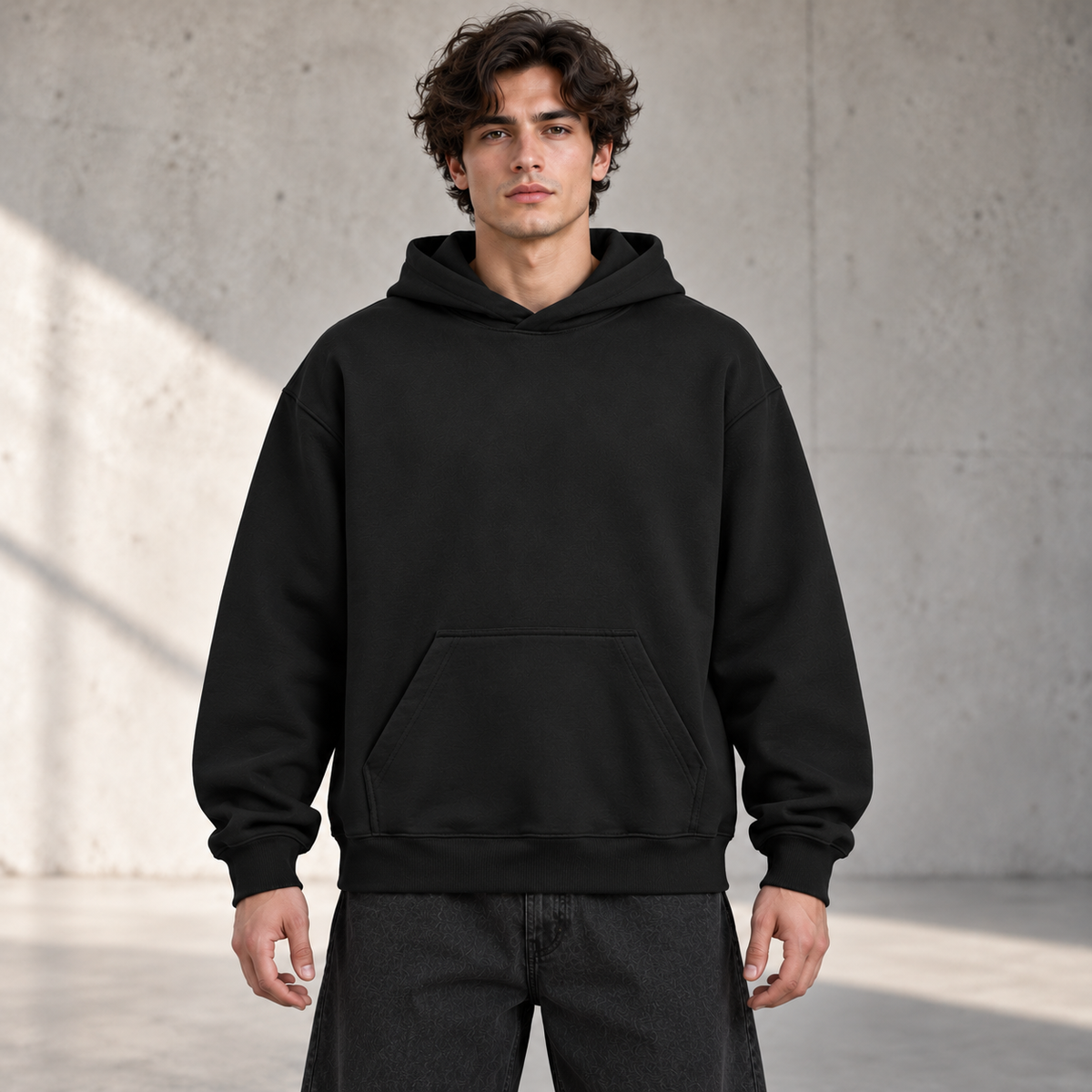 Vooraanzicht van de zwarte HTT Civilization hoodie op een model, met ruime pasvorm, verlaagde schouders en kangaroezak.