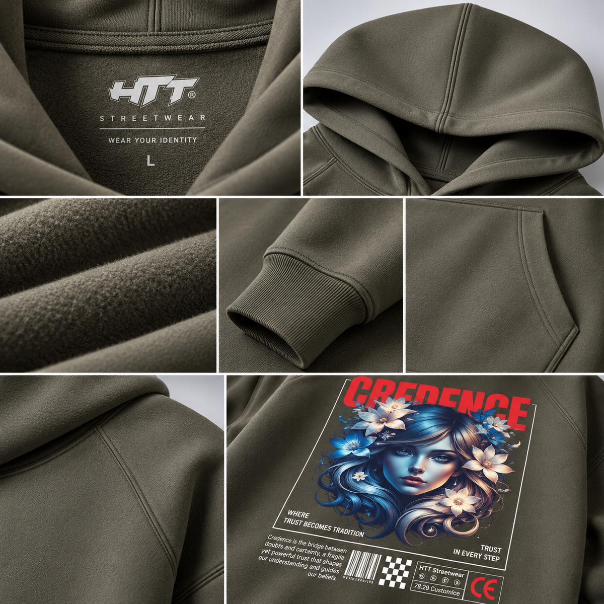 HTT Credence Graphic Hoodie Charcoal Grey 380 GSM – detailcollage met op stof gedrukt HTT neklogo, capuchon, fleece, naden, ribboorden en Credence rugprint