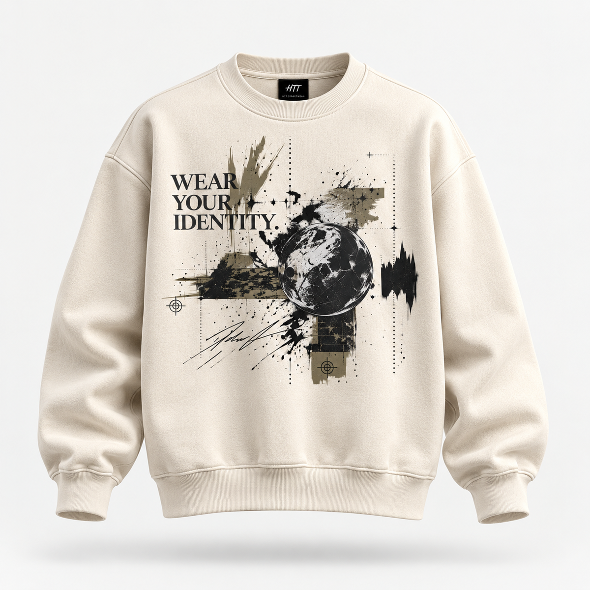HTT Wear Your Identity heavyweight crewneck in apricot, vooraanzicht met artistieke frontprint