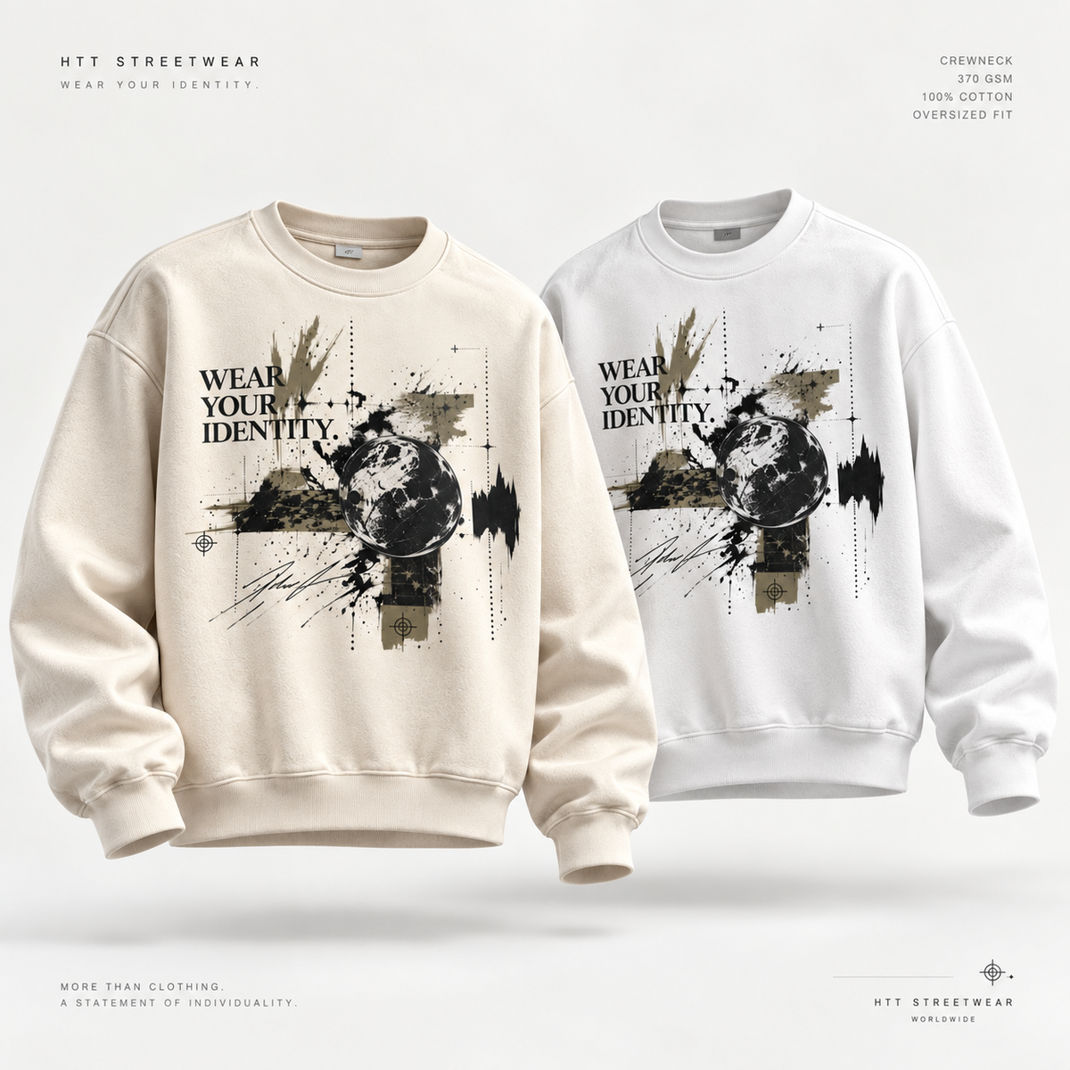 HTT Wear Your Identity crewnecks in apricot en wit naast elkaar op lichte achtergrond
