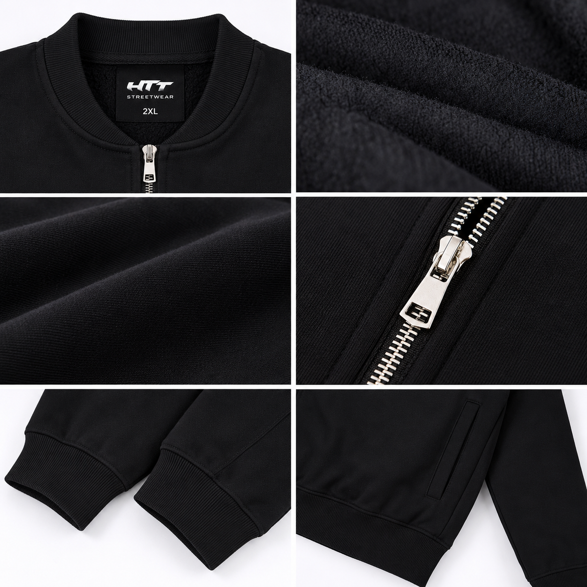 HTT Dream Chaser 400 GSM bomber – detail collage zipper brushed fleece cuffs label