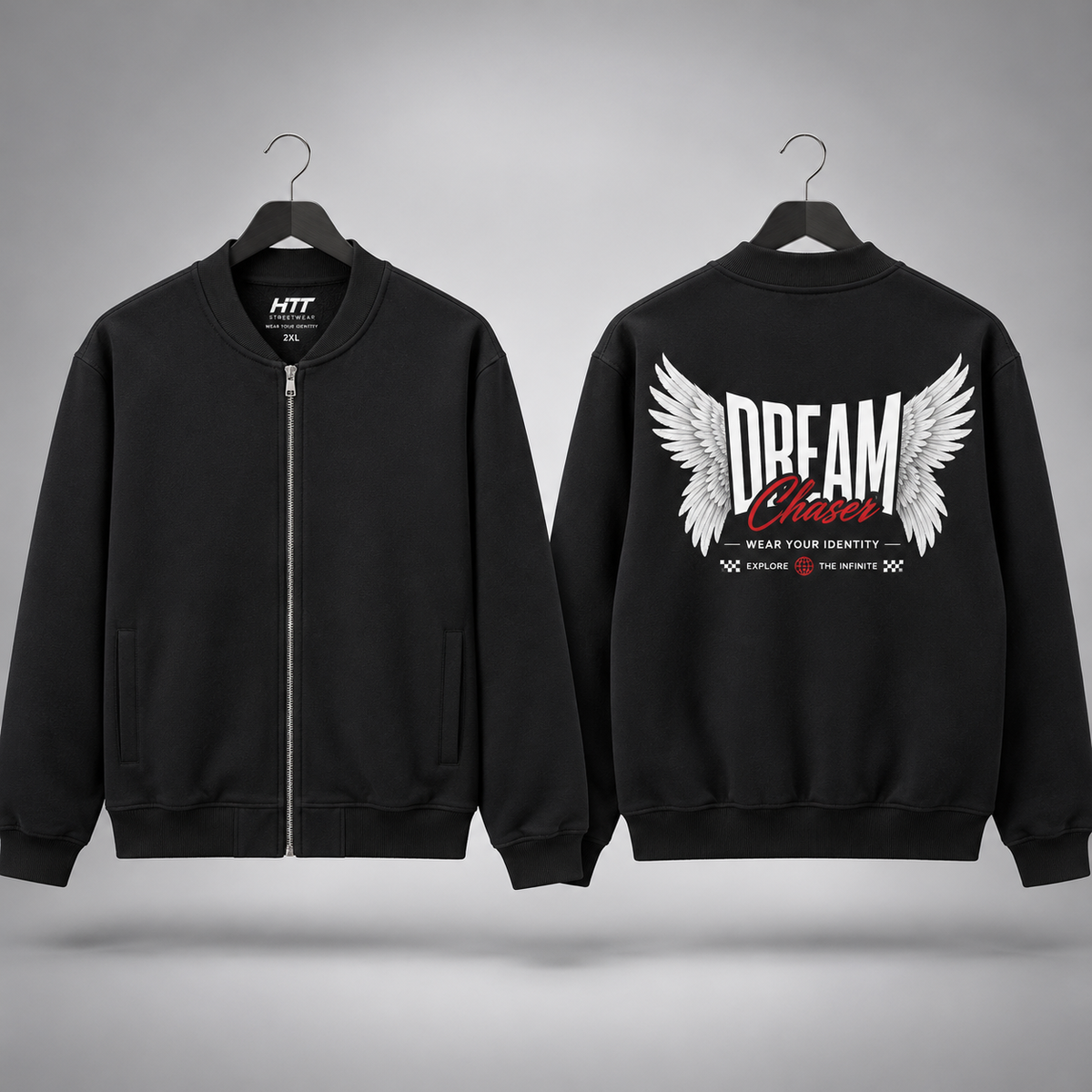 HTT Dream Chaser bomber front and back on hangers – HTT neck label