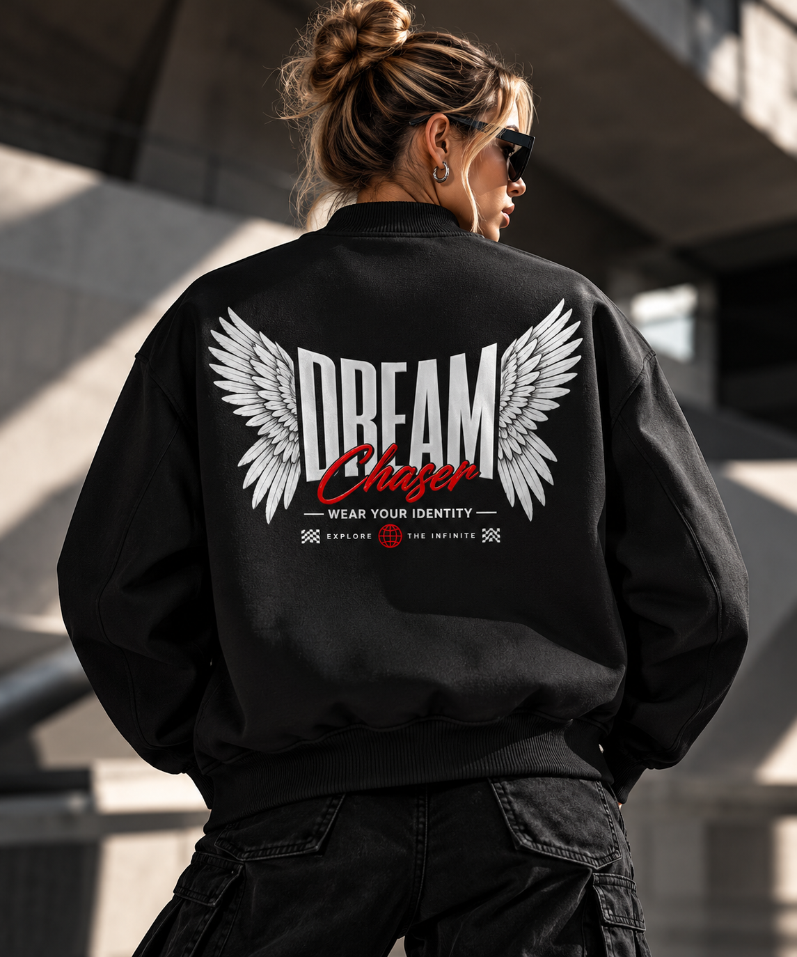 HTT Dream Chaser bomber black – back print on female model
