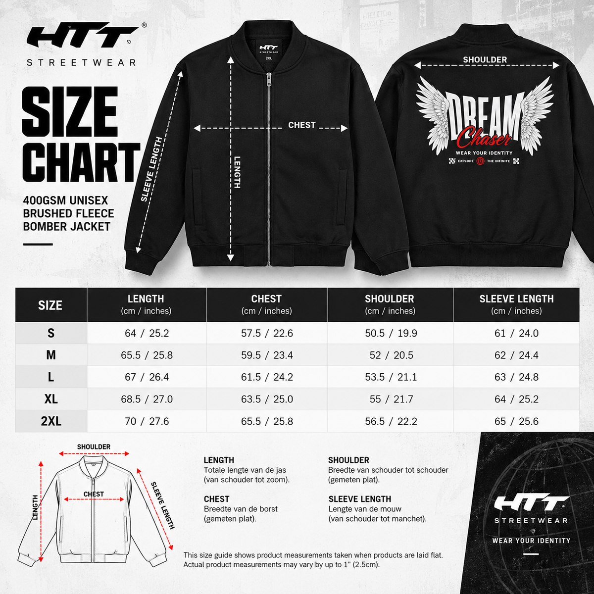 HTT Dream Chaser bomber size chart S M L XL 2XL