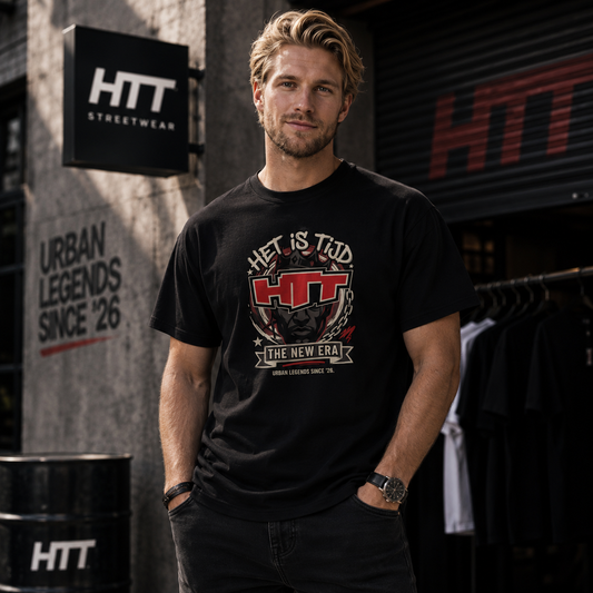 HTT Essential zwart T-shirt heren streetwear hero met Het Is Tijd The New Era print