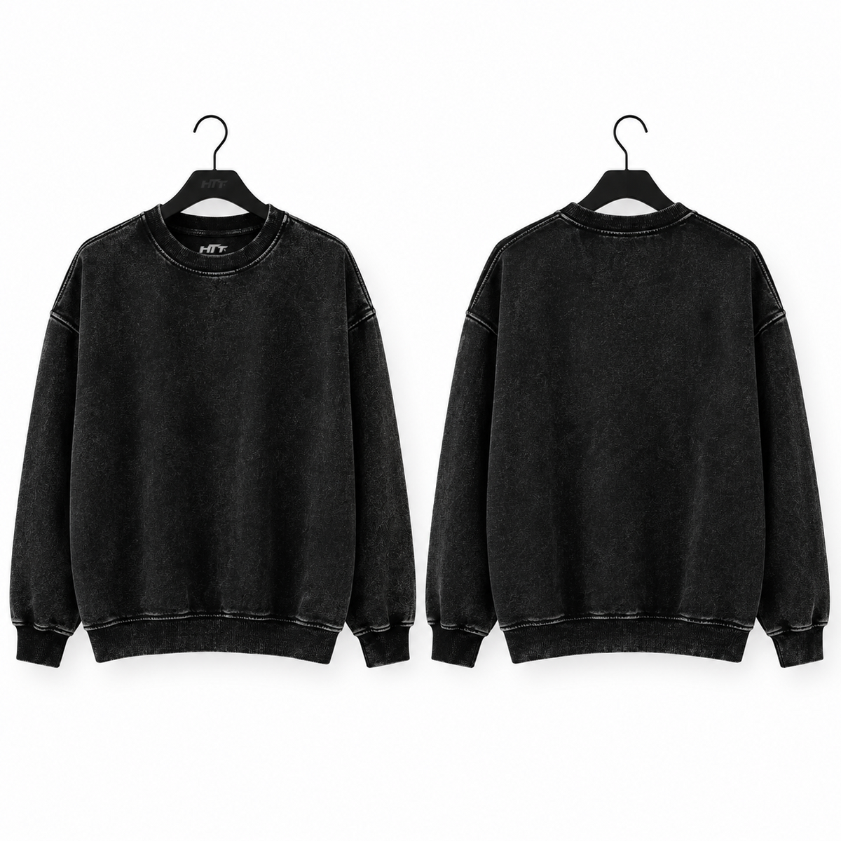 HTT Streetwear Faded Black 440GSM cotton oversized sweater front and back on hanger