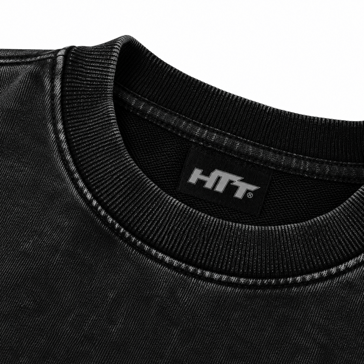 HTT Streetwear Faded Black 440GSM cotton sweater neck rib and HTT label detail