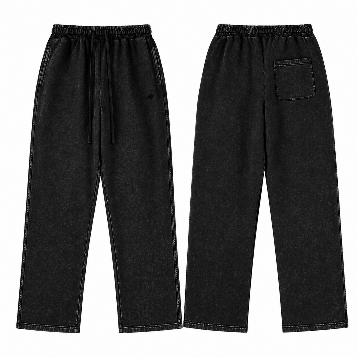 HTT Streetwear Faded Black 420GSM cotton sweatpants front and back – relaxed fit