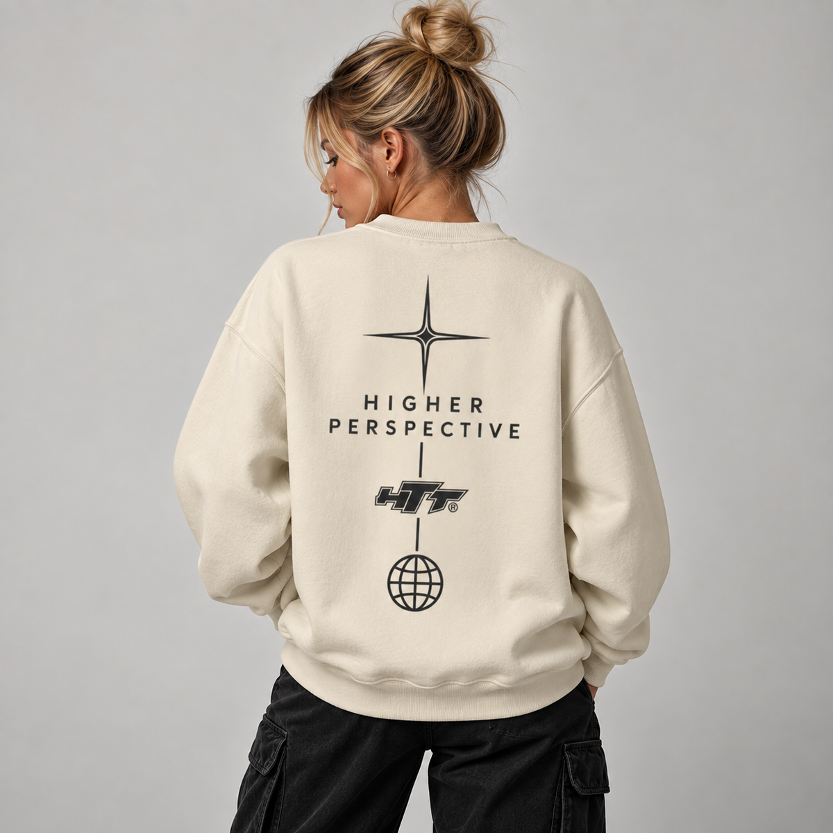 HTT Higher Perspective heavyweight oversized sweater in Apricot – back print on female model