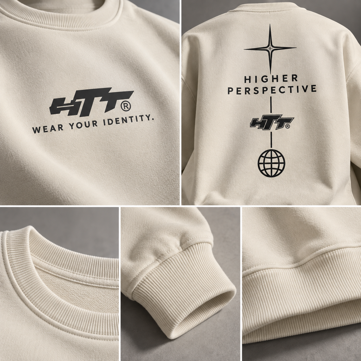 HTT Higher Perspective Apricot heavyweight sweater – 370 GSM cotton, ribbed cuffs, hem and graphic print details
