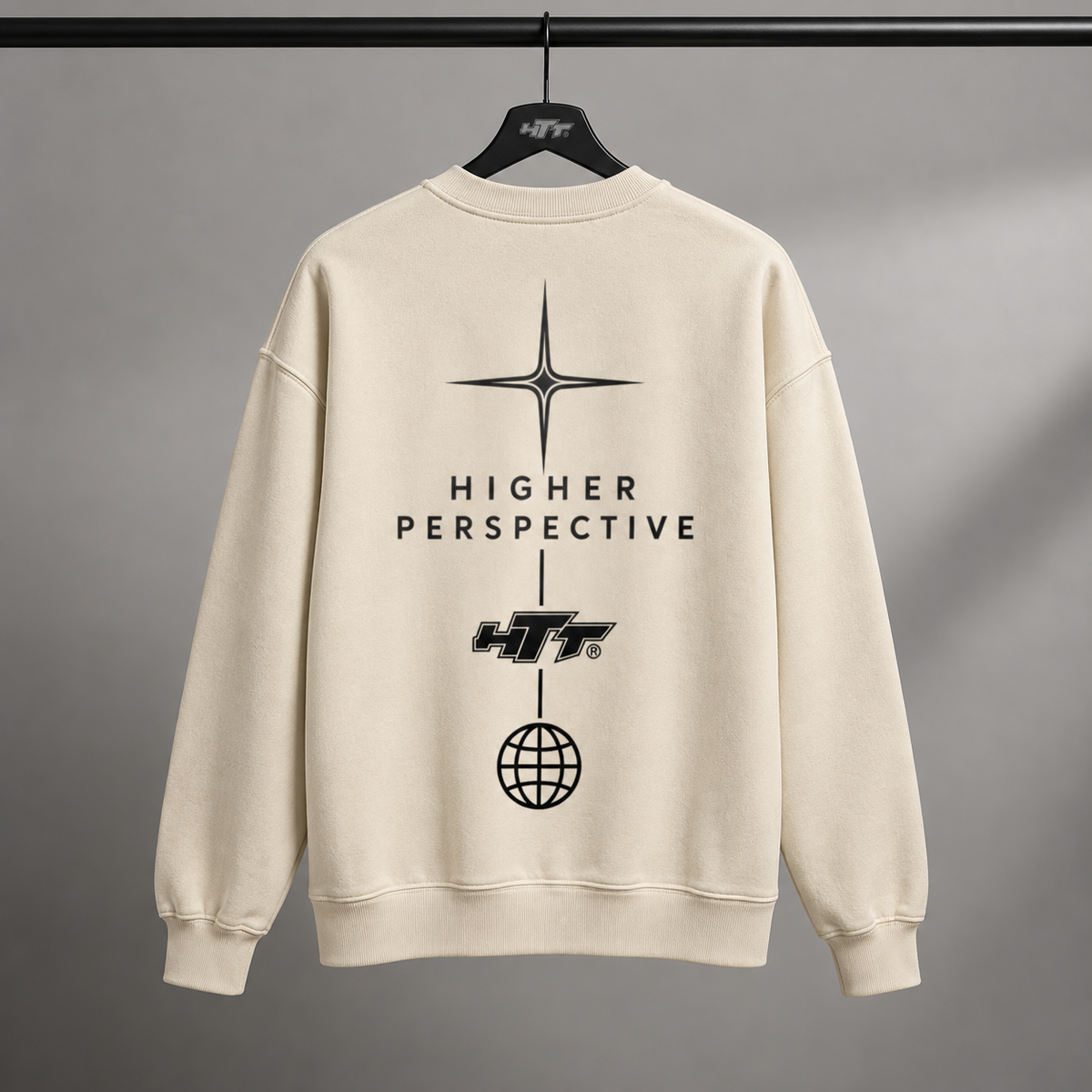 HTT Higher Perspective Apricot oversized sweater – back print hanger product view