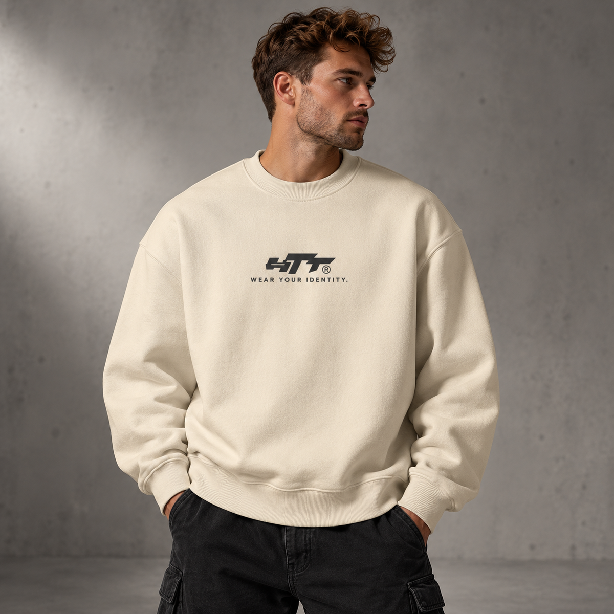 HTT Higher Perspective heavyweight oversized sweater in Apricot – front view on male model