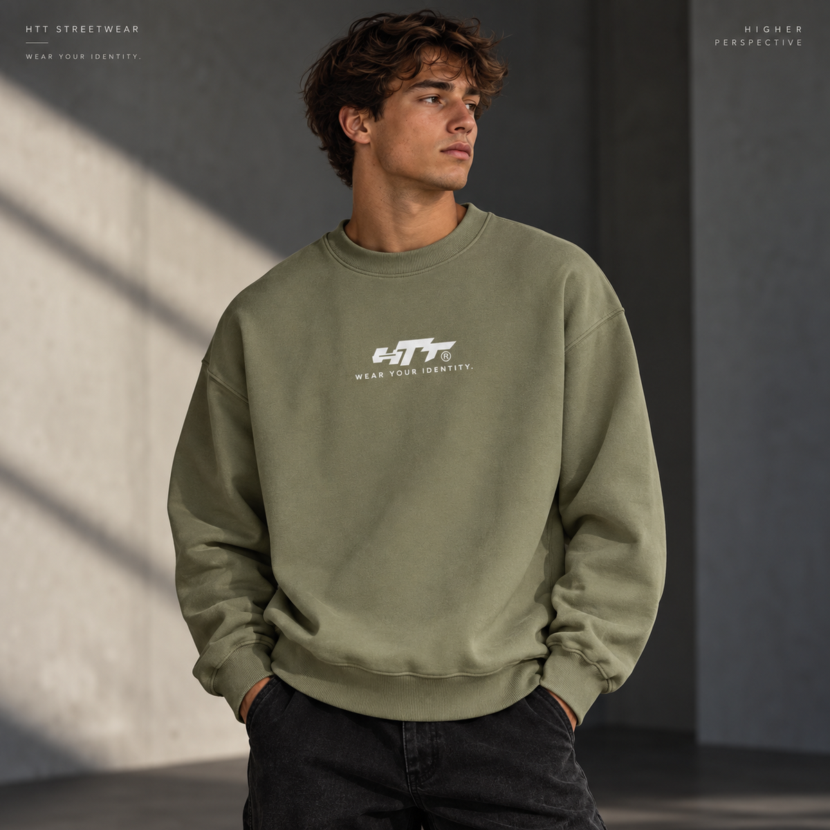 HTT Higher Perspective 370 GSM heavyweight oversized sweater in Sage Green, front view on male model
