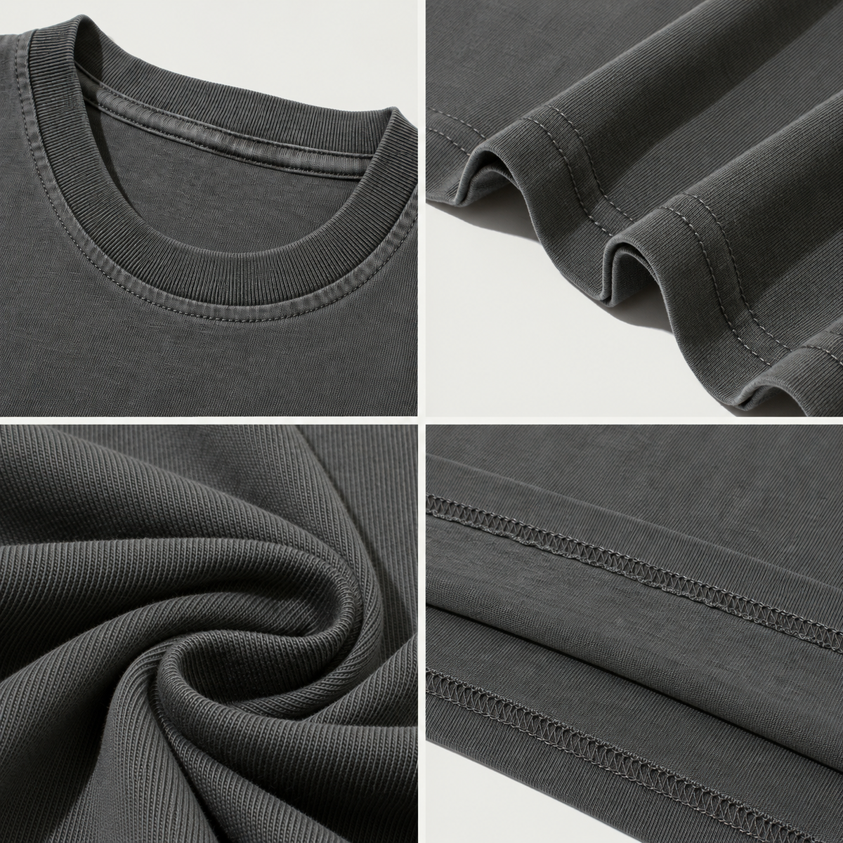 Detailcollage van het HTT Identity Collage T-shirt in Dark Gray met ribkraag, dubbel gestikte zoom, katoenen stof en binnennaad.