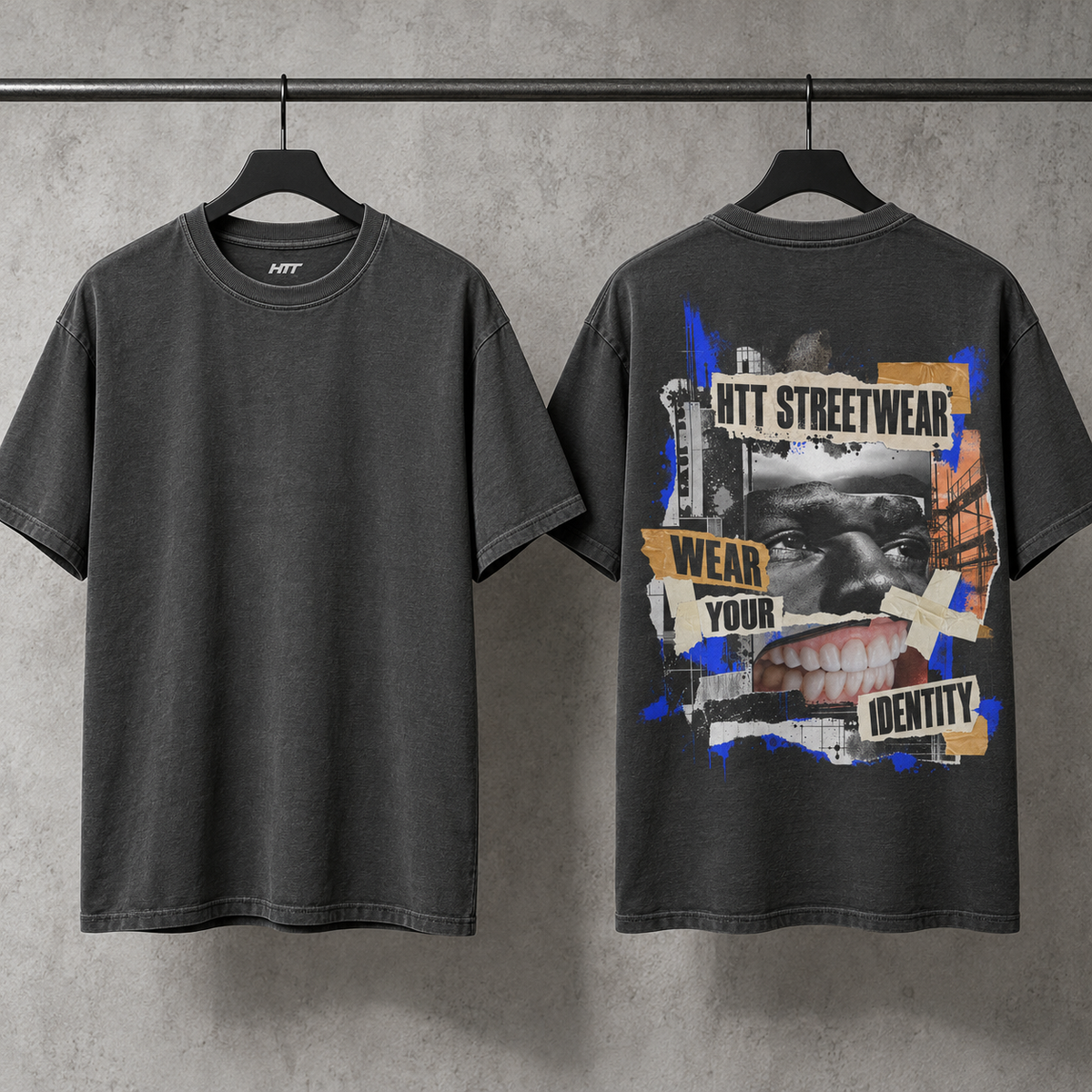 HTT Identity Collage streetwear T-shirt in Dark Gray aan hangers, met effen voorkant en kleurrijke collageprint op de achterkant.