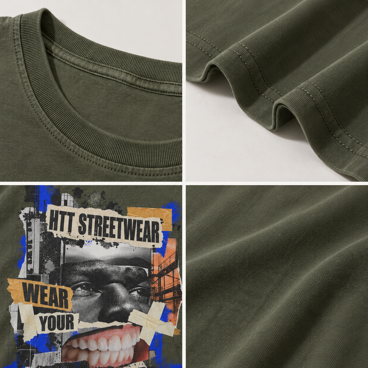 Detailmock-up van het HTT Identity Collage T-shirt in Sage Green met ribkraag, dubbel gestikte zoom, kleurrijke backprint en katoenen stofstructuur.