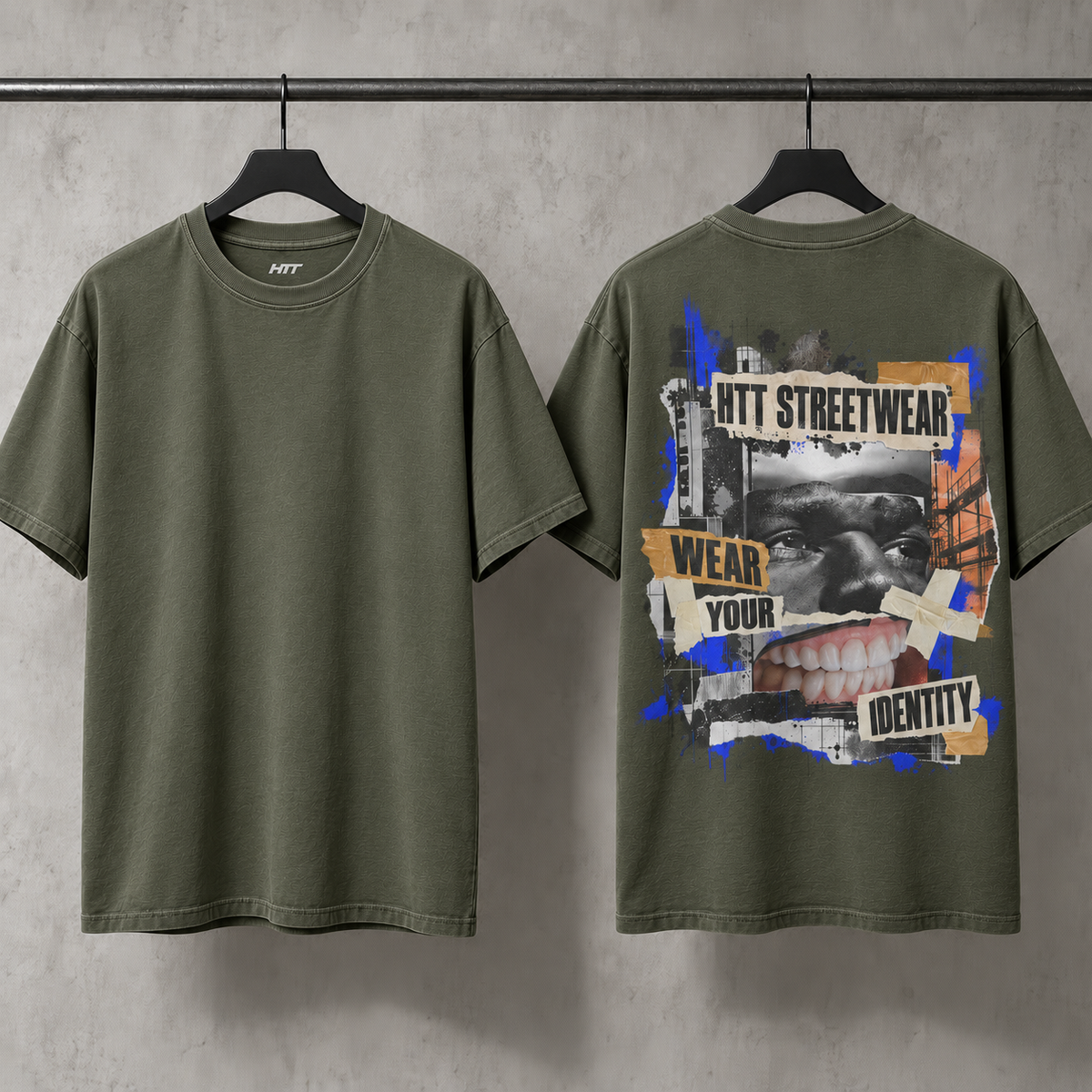 HTT Identity Collage streetwear T-shirt in Sage Green aan hangers, met effen voorkant en kleurrijke collageprint op de achterkant.
