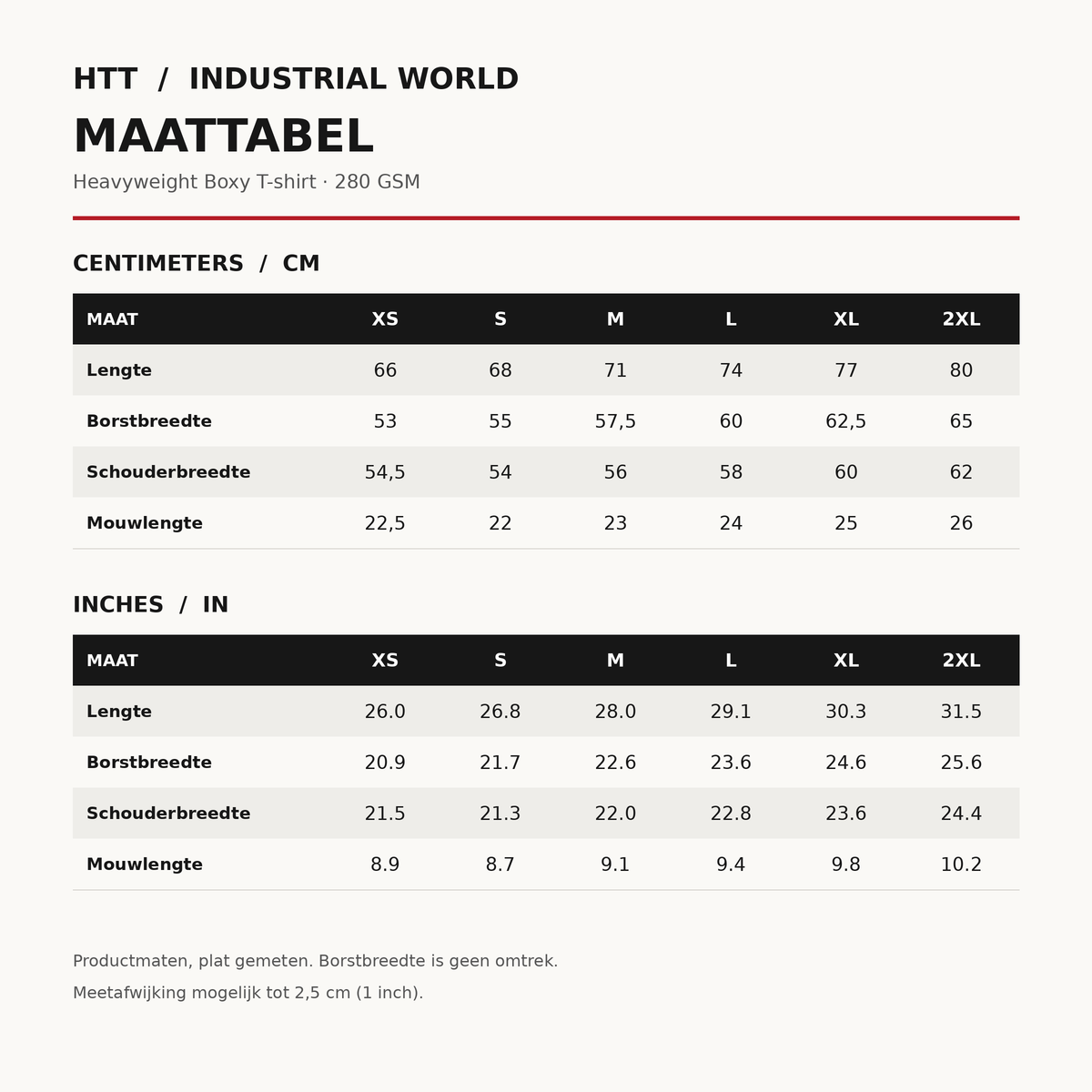 Maattabel HTT Industrial World boxy T-shirt met lengte, borstbreedte, schouderbreedte en mouwlengte in centimeters en inches, XS tot 2XL.