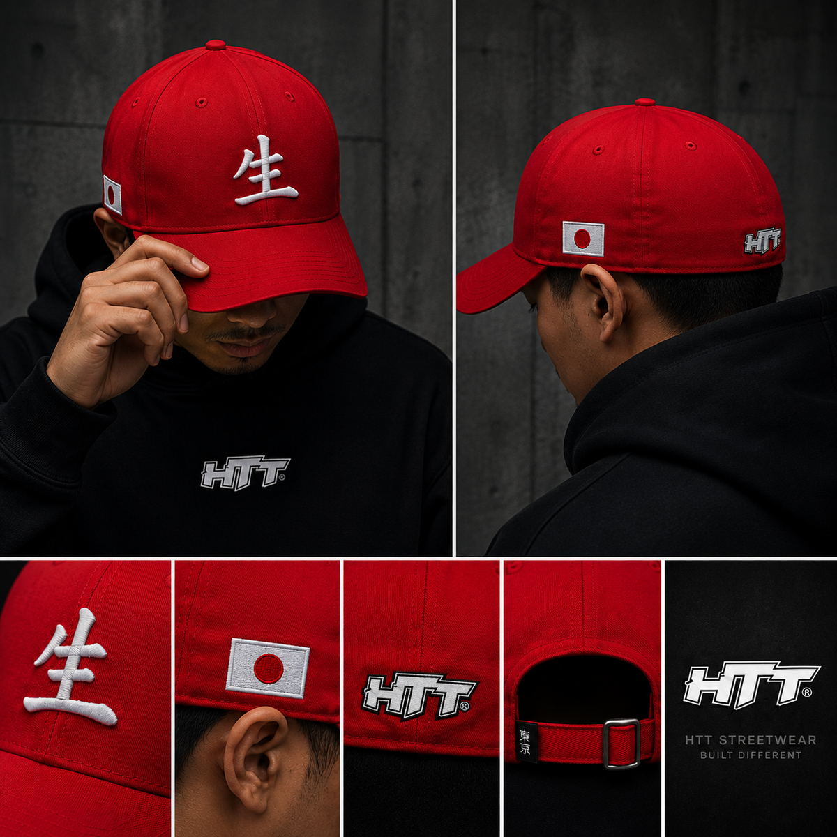 HTT Japanese Life Symbol Cap rood – collage met borduurwerk van 生, Japanse vlag en HTT-details